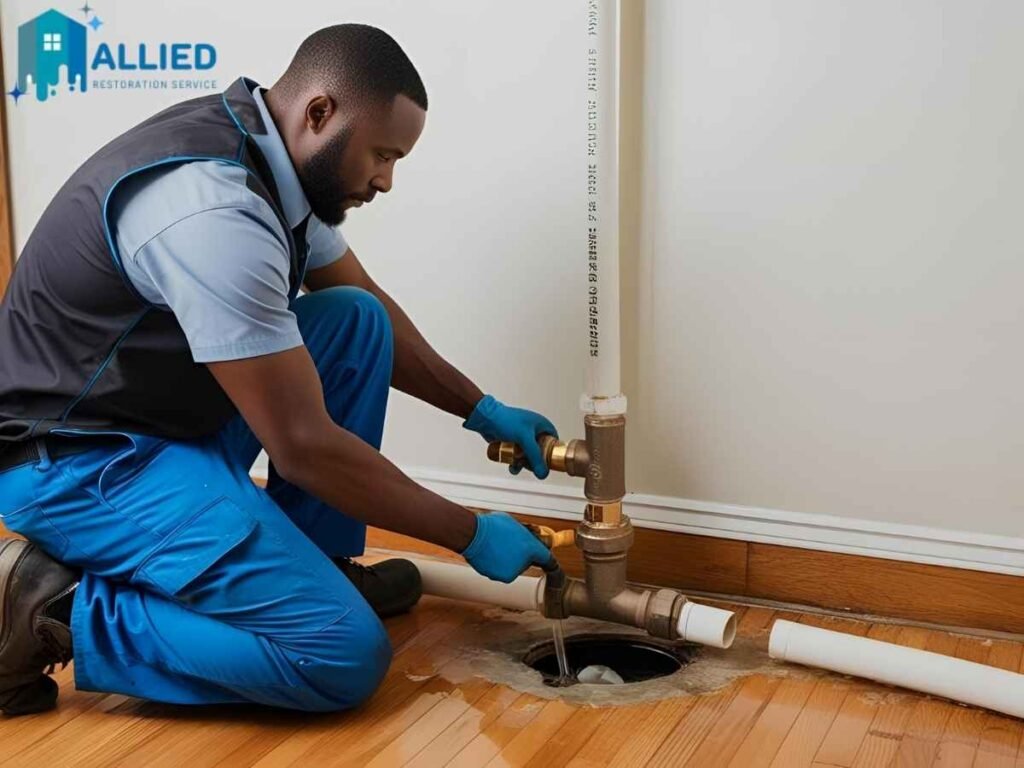 Water damage restoration team fixing burst pipe in Sioux City home